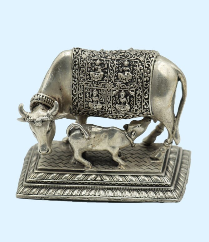 Pure Antique 3D Crafted Astalakshmi Kamadhenu Idol in Silverl, Silver Kamdhenu Idol, Silver Cow