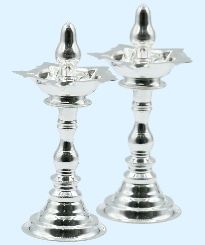 Traditional Plain Five Spout Pure Silver Diya Pair, Tall Silver lamp, Sterling silver lamps