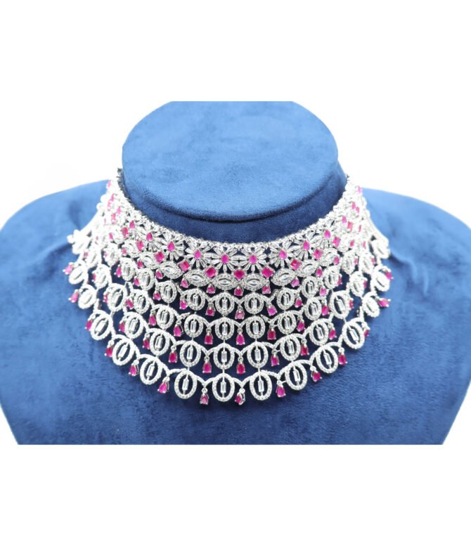 Women Bridal Pink CZ Stone Choker Necklace