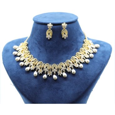 Gold Tone Silver Necklace Set with Pearls, CZ Stones