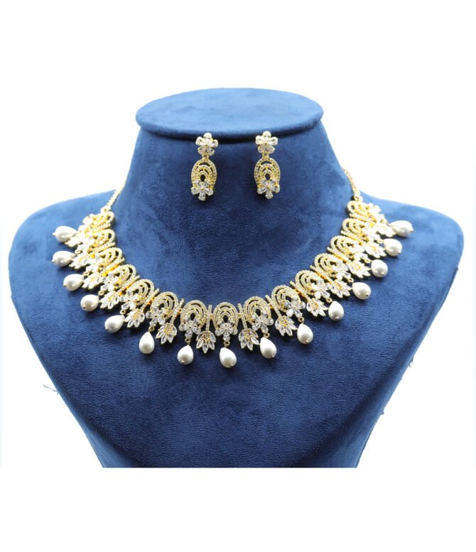 Gold Tone Silver Necklace Set with Pearls, CZ Stones