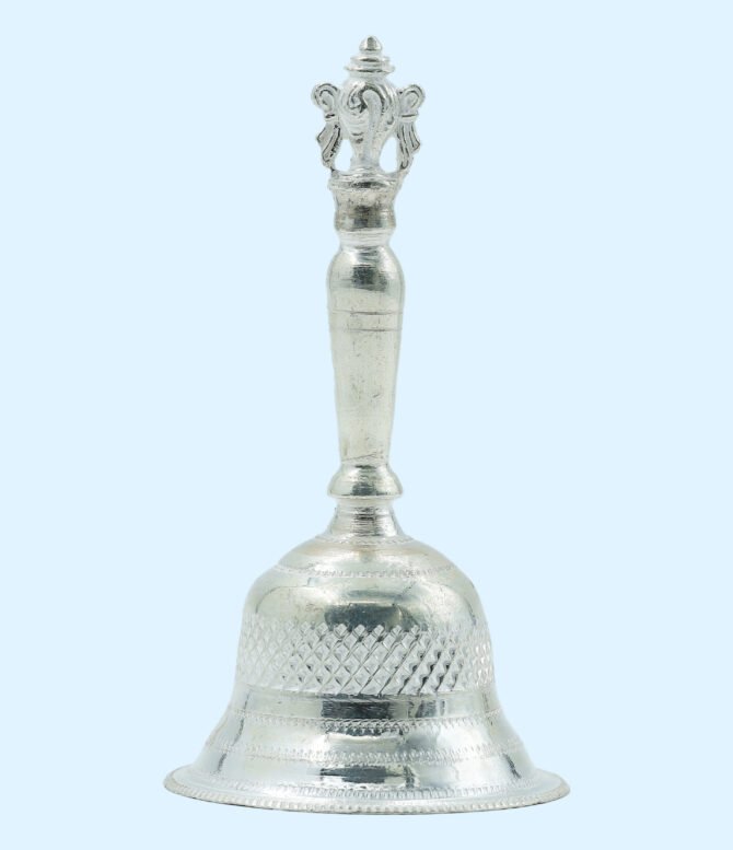 Silver Bell Featuring Shanku For Pooja, Silver Bell With Design, Silver Crafts