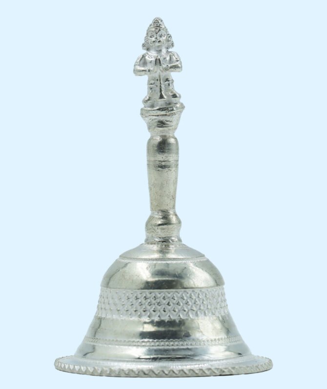 Silver Bell With Hanuman For Daily Pooja, Silver Bell, Silver Pooja Bell, Silver Ghanti