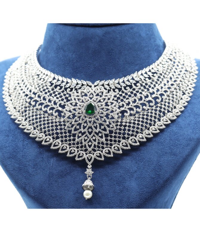 Silver Wedding Necklace Featuring Central Emerald CZ Stone
